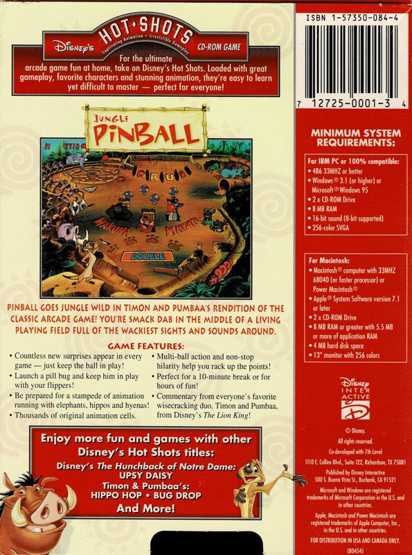 Disney's Hot Shots: Timon and Pumbaa's Jungle Pinball — box-2D-back (WOR)