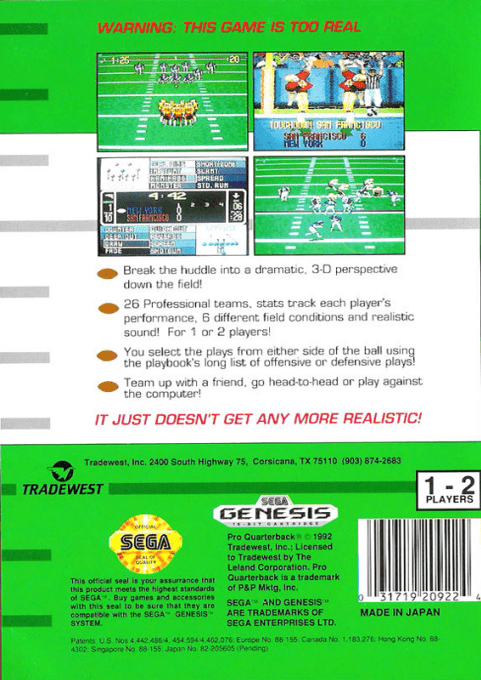 Pro Quarterback — box-2D-back (US)