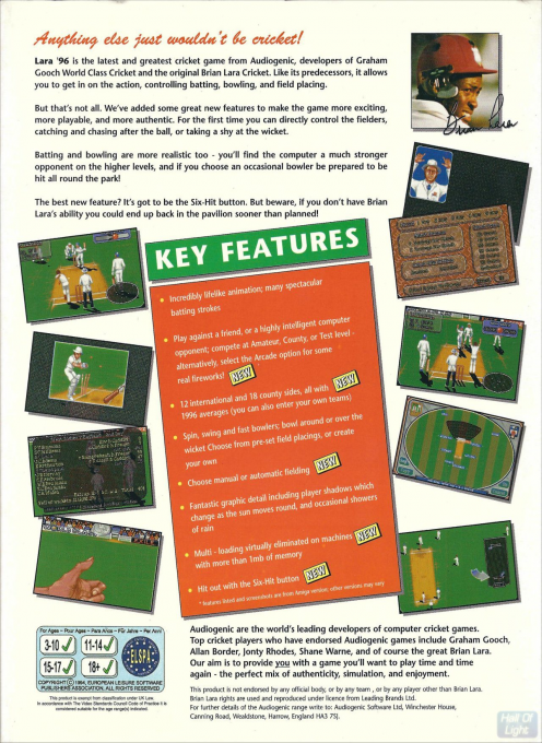 Brian Lara's Cricket 96 — box-2D-back (WOR)