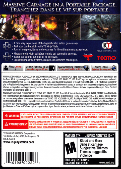 Ninja Gaiden Sigma Plus — box-2D-back (US)