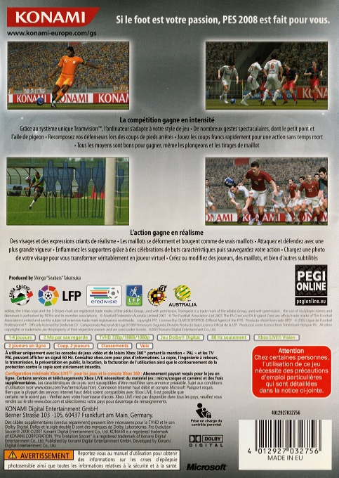 Pro Evolution Soccer 2008 — box-2D-back (FR)