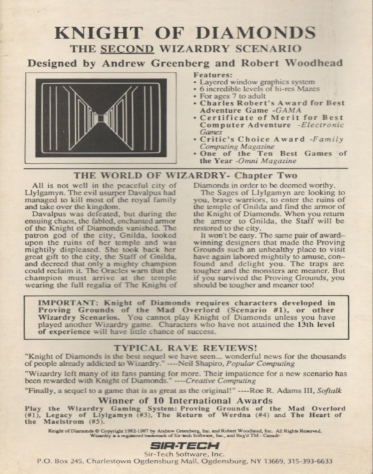 Wizardry - Knight of Diamonds — box-2D-back (US)