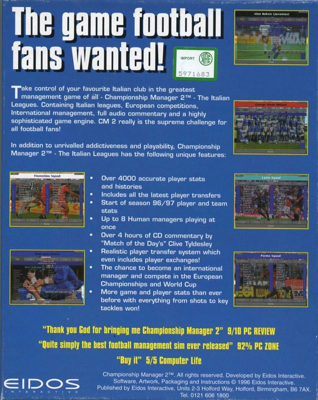 Championship Manager 2 - The Italian Leagues Season 96/97 — box-2D-back (EU)