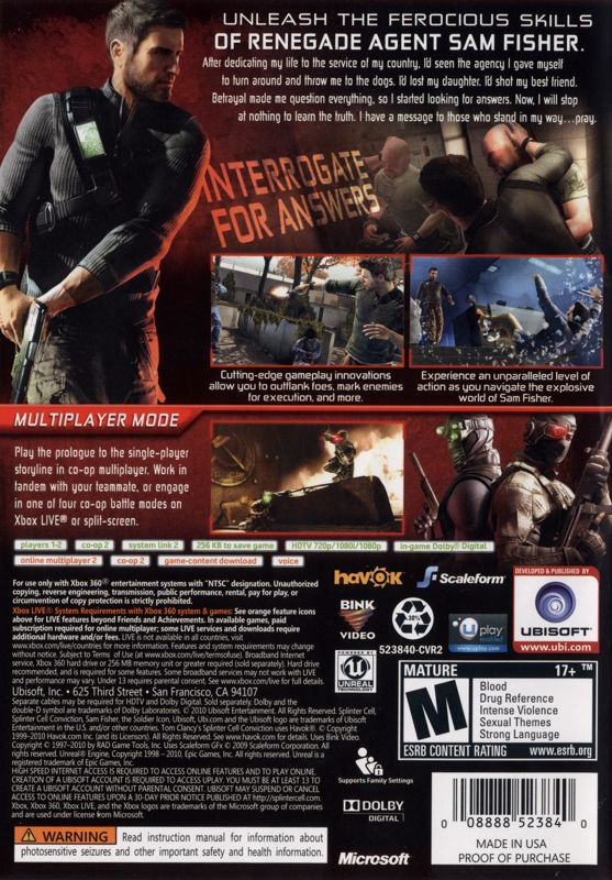 Tom Clancy's Splinter Cell - Conviction — box-2D-back (US)