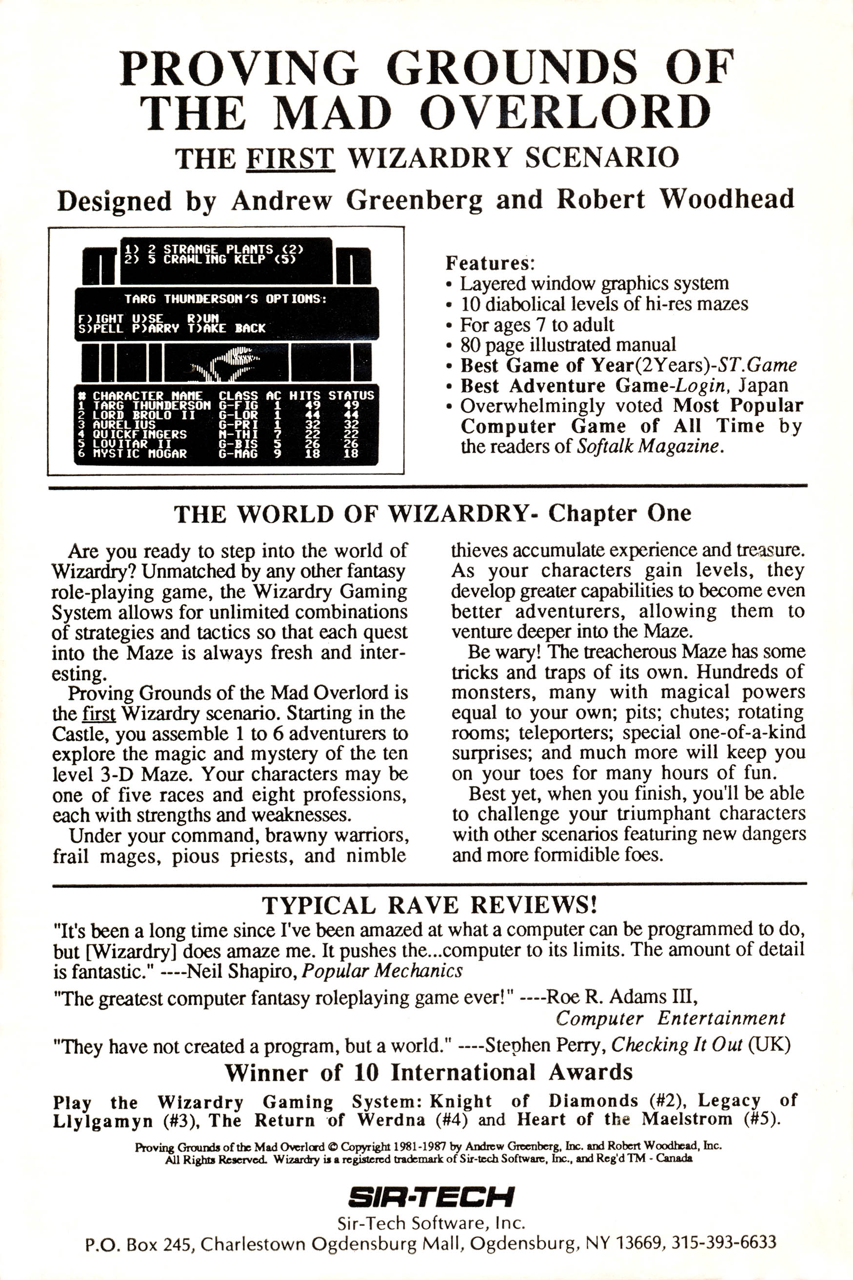 Wizardry I: Proving Grounds of the Mad Overlord — box-2D-back (WOR)