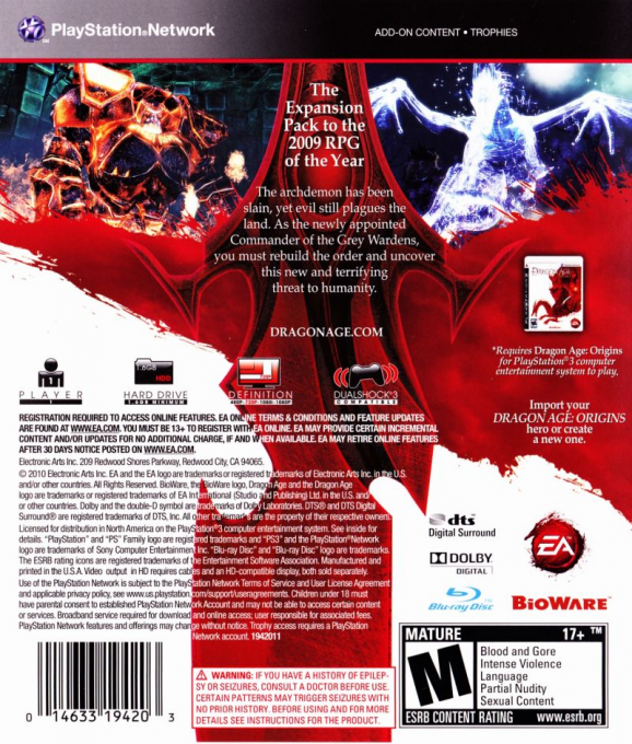 Dragon Age - Origins - Awakening — box-2D-back (US)