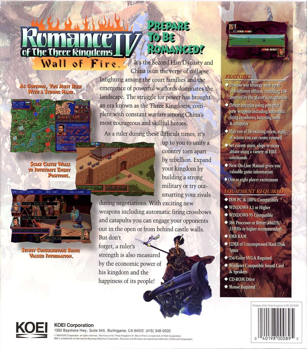 Romance of the Three Kingdoms IV: Wall of Fire — box-2D-back (US)