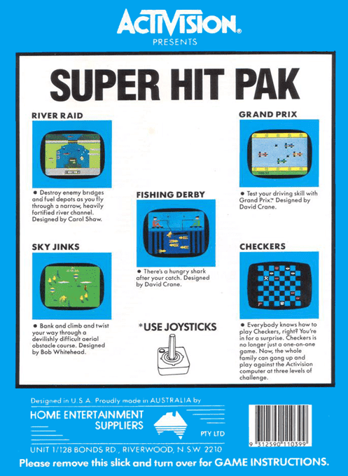 Super Hit Pak - River Raid / Grand Prix / Fishing Derby / Sky Jinks / Checkers — box-2D-back (AU)