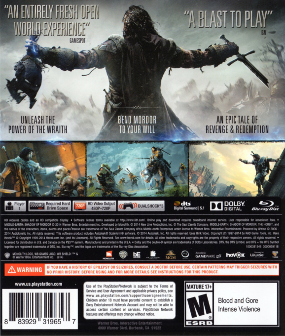 Middle-Earth - Shadow of Mordor — box-2D-back (US)