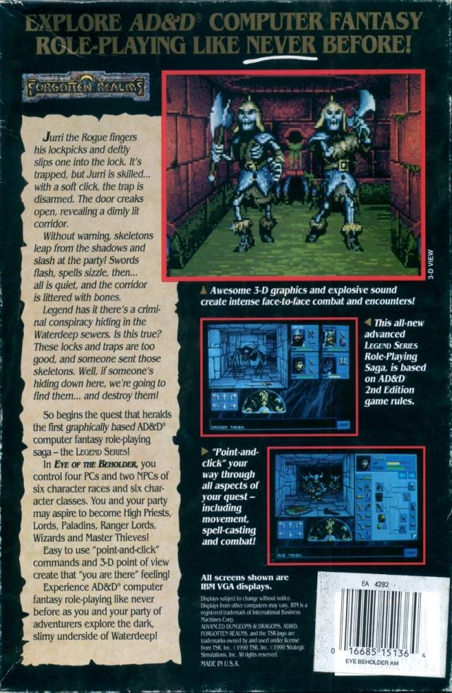 Advanced Dungeons & Dragons - Eye of the Beholder - A Legend Series Fantasy Role-Playing Saga, Vol.I — box-2D-back (WOR)