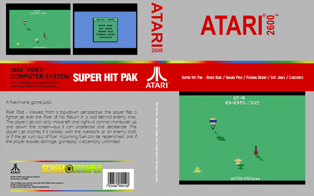 Super Hit Pak - River Raid / Grand Prix / Fishing Derby / Sky Jinks / Checkers — box-texture (SS)