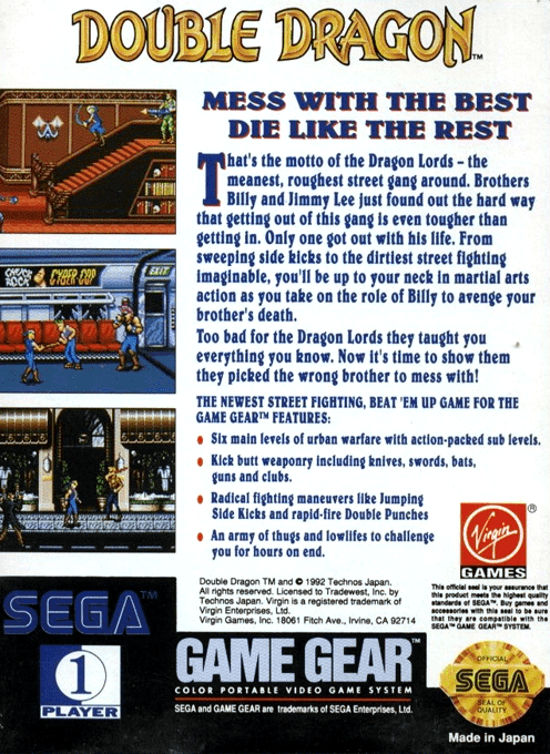 Double Dragon - The Revenge of Billy Lee — box-2D-back (US)