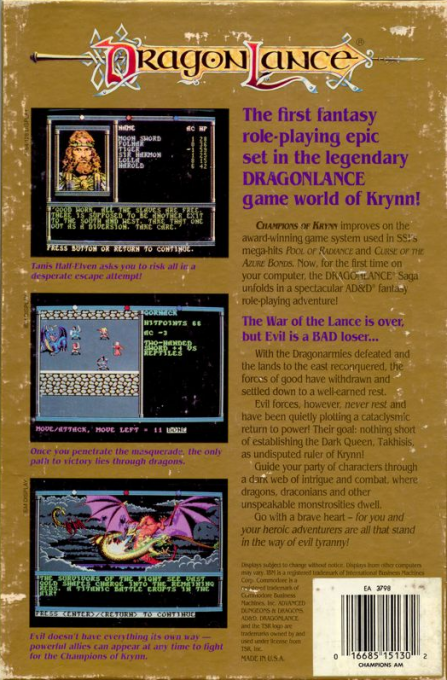 Advanced Dungeons & Dragons - Champions of Krynn - A DragonLance Fantasy Role-Playing Epic, Vol.I — box-2D-back (US)