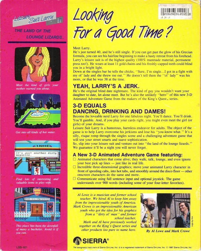 Leisure Suit Larry in the Land of the Lounge Lizards — box-2D-back (US)