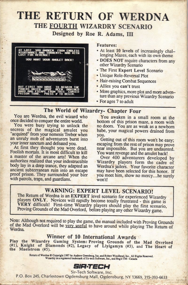 Wizardry IV: The Return of Werdna — box-2D-back (WOR)