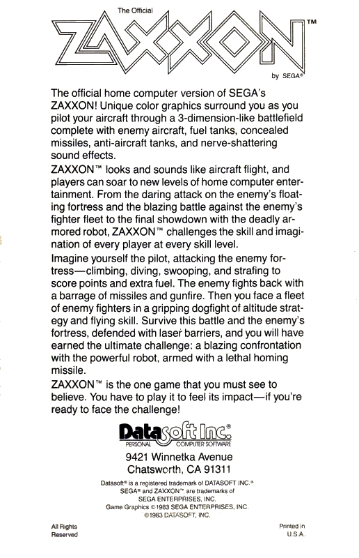 Zaxxon — box-2D-back (US)