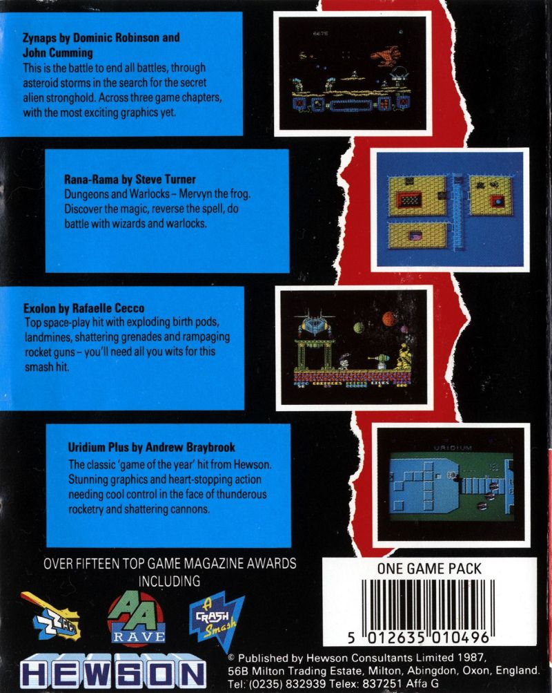 Four Smash Hits From Hewson - Exolon + Zynaps + Rana Rama + Uridium Plus — box-2D-back (UK)