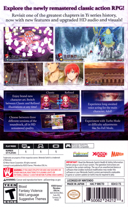Ys Memoire : The Oath in Felghana — box-2D-back (US)