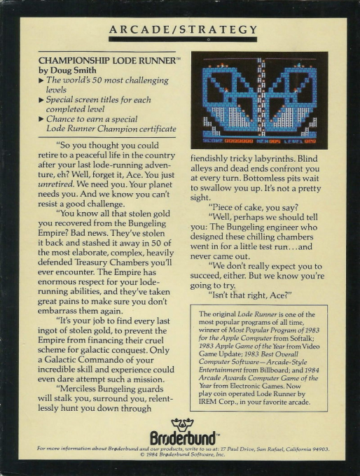 Championship Lode Runner — box-2D-back (US)