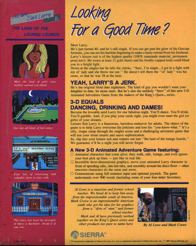 Leisure Suit Larry in - The Land of the Lounge Lizards — box-2D-back (US)