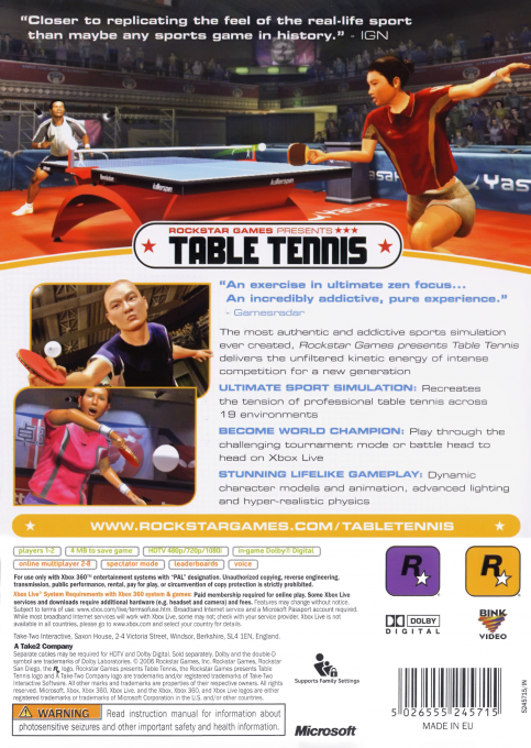 Rockstar Games Presents Table Tennis — box-2D-back (EU)
