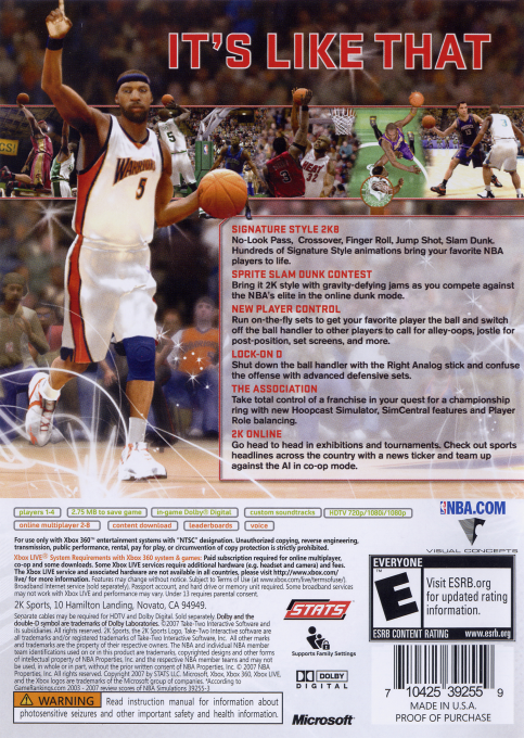 NBA 2K8 — box-2D-back (US)