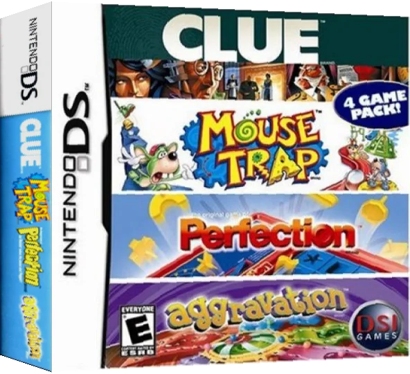 4 Game Pack! - Clue + Aggravation + Perfection + Mouse Trap — box-3D (US)