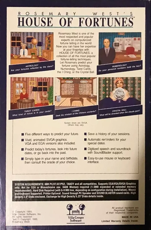 Rosemary West's House Of Fortunes — box-2D-back (US)