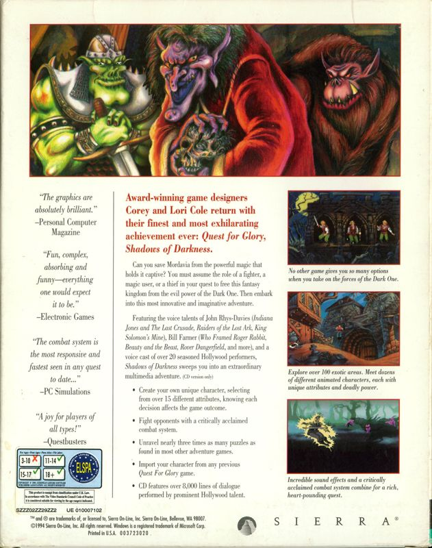 Quest for Glory - Shadows of Darkness — box-2D-back (EU)