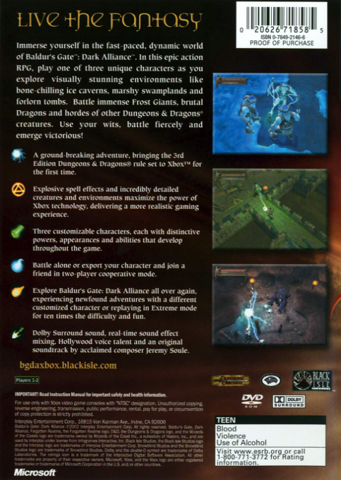 Baldur's Gate - Dark Alliance — box-2D-back (US)