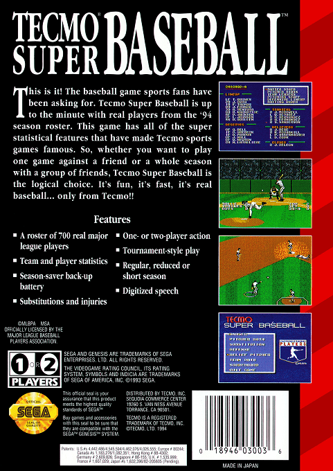 Tecmo Super Baseball — box-2D-back (US)
