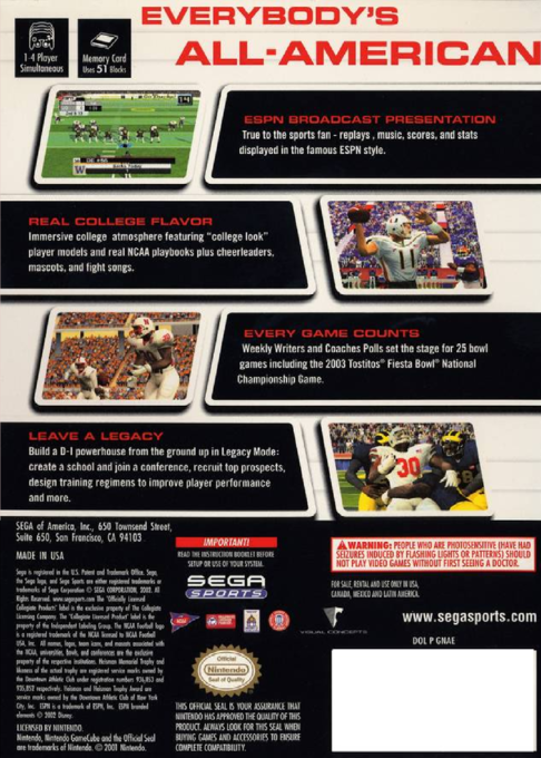 NCAA College Football 2K3 — box-2D-back (US)