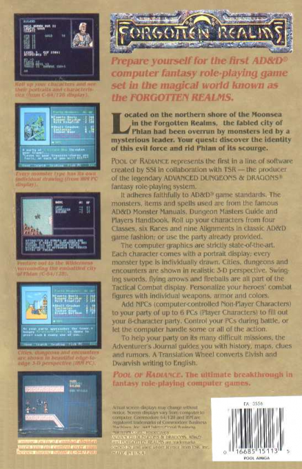Advanced Dungeons & Dragons - Pool of Radiance - A Forgotten Realms Fantasy Role-Playing Epic, Vol.I — box-2D-back (US)