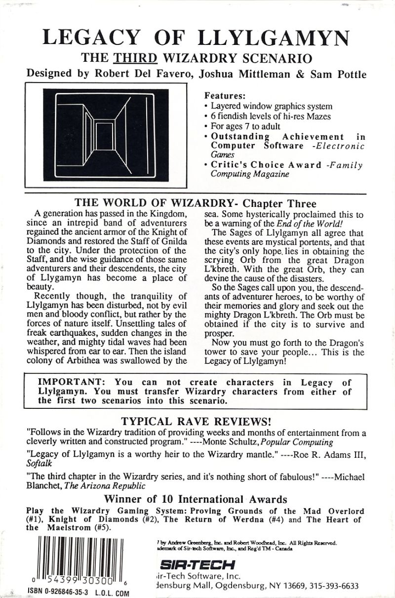 Wizardry - Legacy of Llylgamyn — box-2D-back (US)
