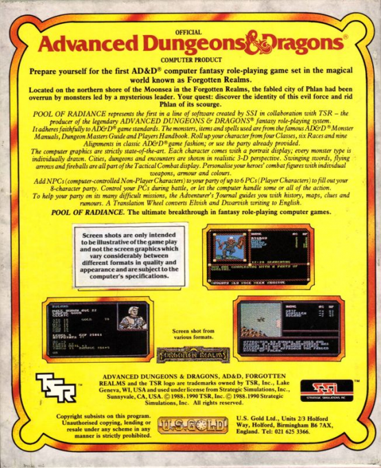 Advanced Dungeons & Dragons - Pool of Radiance - A Forgotten Realms Fantasy Role-Playing Epic, Vol.I — box-2D-back (EU)