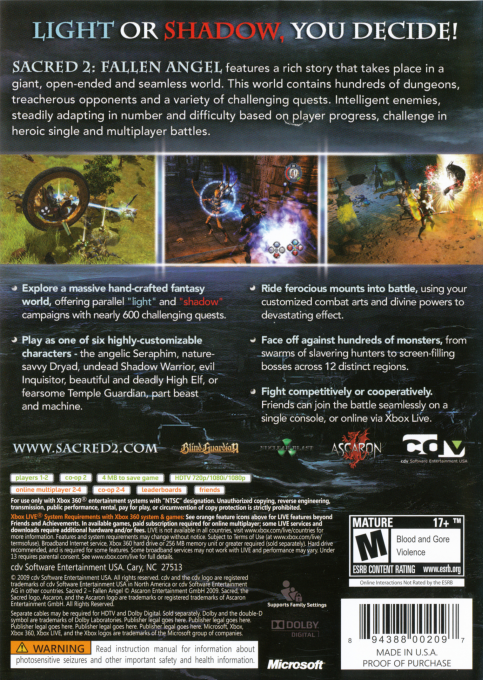 Sacred 2 - Fallen Angel — box-2D-back (US)