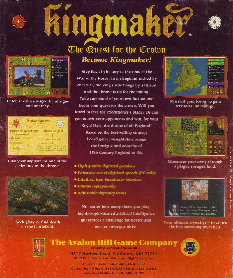 Kingmaker - The Quest for The Crown — box-2D-back (US)