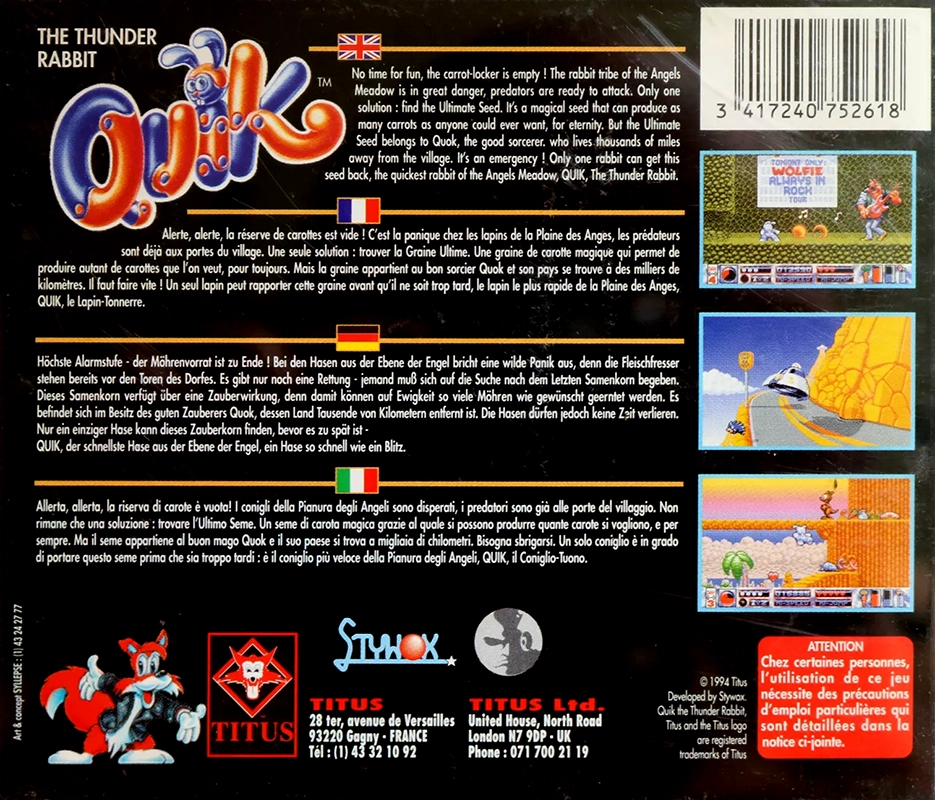 Quik The Thunder Rabbit — box-2D-back (CUS)