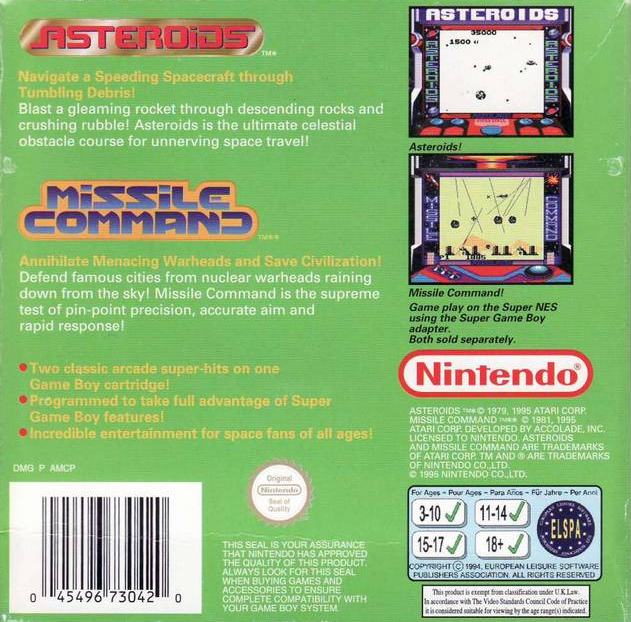 Arcade Classic No. 1 - Asteroids And Missile Command — box-2D-back (EU)