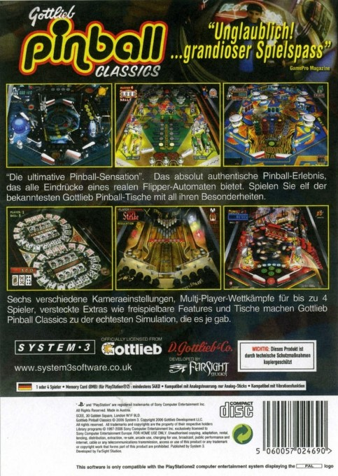 Gottlieb Pinball Classics — box-2D-back (DE)