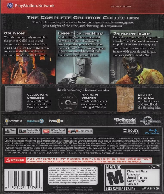 Elder Scrolls IV, The - Oblivion - 5th Anniversary Edition — box-2D-back (US)