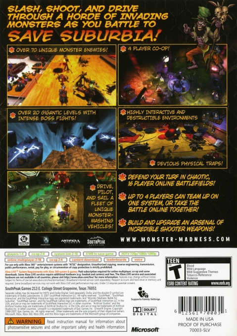 Monster Madness - Battle for Suburbia — box-2D-back (US)