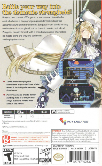 Bloodstained - Curse of the Moon 2 — box-2D-back (US)
