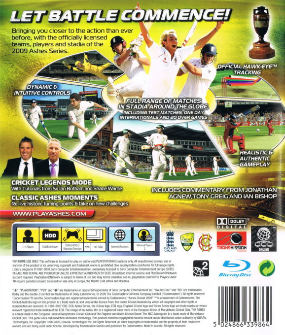 Ashes Cricket 2009 — box-2D-back (EU)