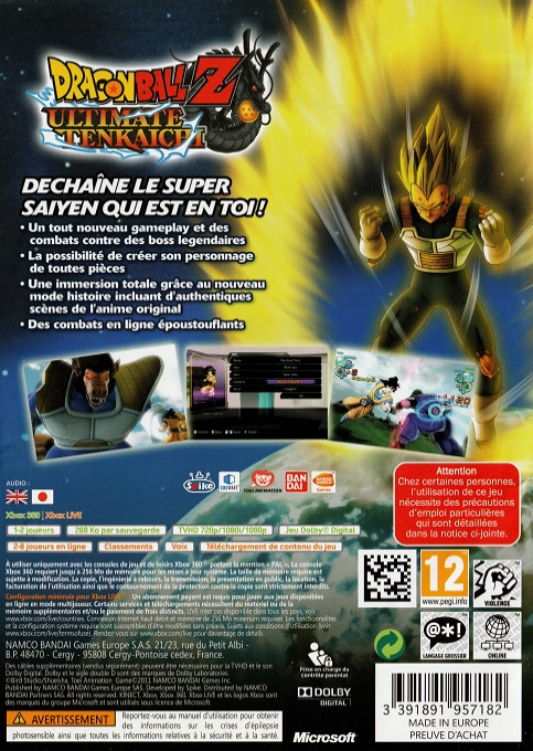 Dragon Ball Z - Ultimate Tenkaichi — box-2D-back (FR)
