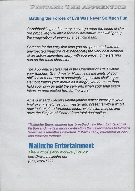 Pentari - The Apprentice — box-2D-back (US)