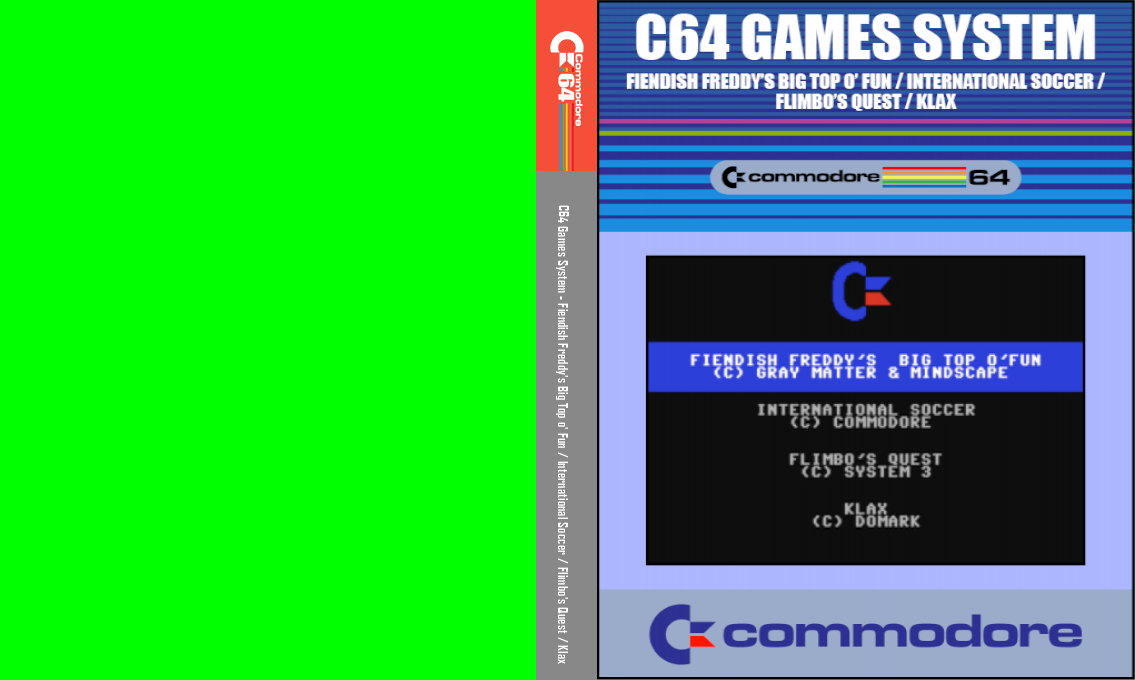C64 Games System : Fiendish Freddy's Big Top o' Fun / International Soccer / Flimbo's Quest / Klax — box-texture (CUS)