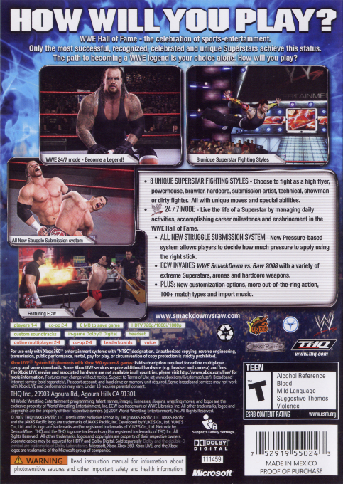 WWE SmackDown vs. Raw 2008 — box-2D-back (US)
