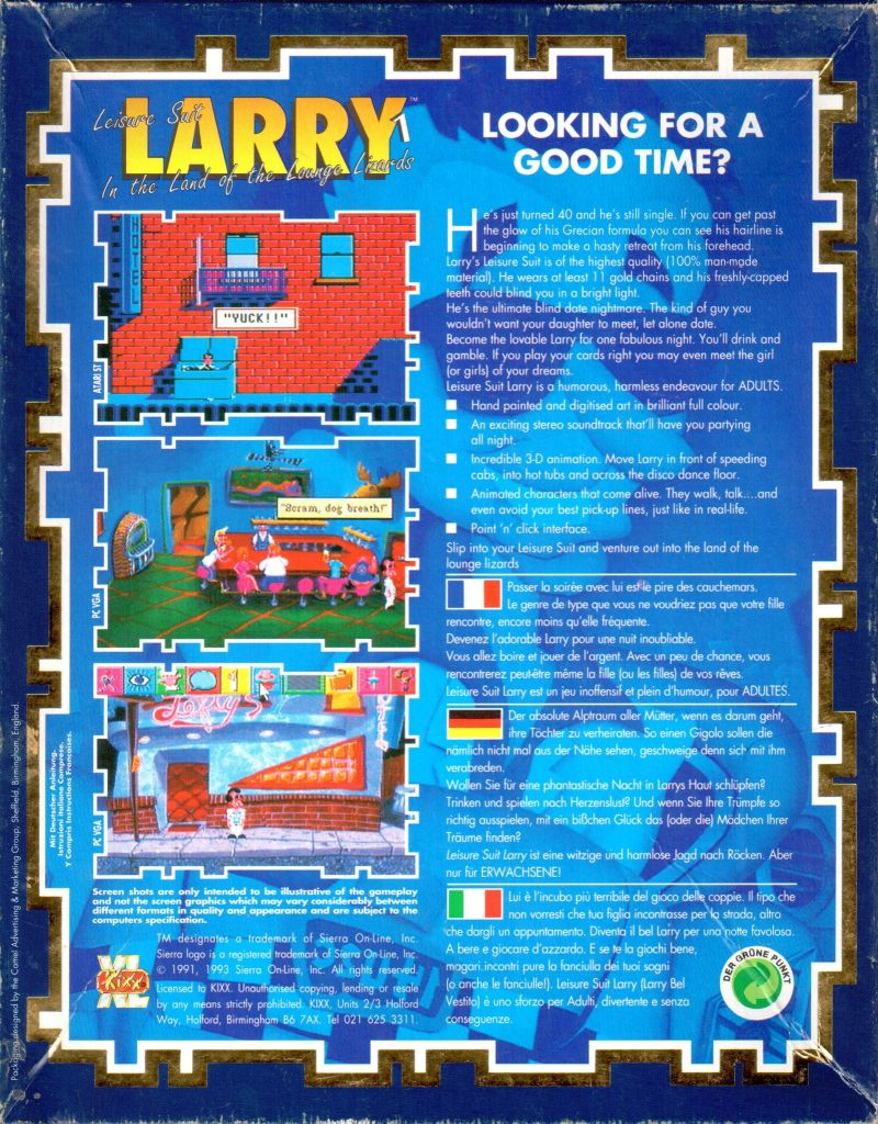 Leisure Suit Larry 1 - In the Land of the Lounge Lizards — box-2D-back (WOR)