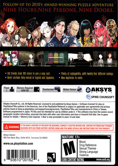 Zero Escape - Virtue's Last Reward — box-2D-back (US)